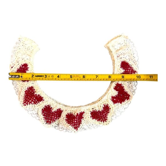 Vintage Handmade Crochet Lace Collar Red Heart Accents Valentines Cottage Core - Picture 4 of 4
